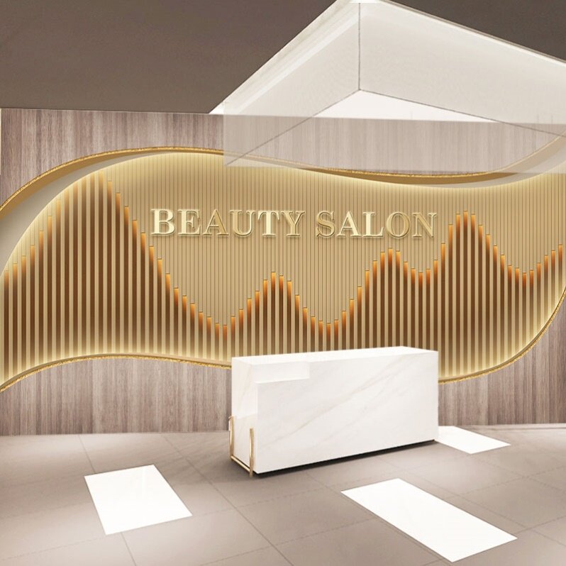 新中式前台壁纸美容院美发店酒店吧台木色木纹logologo墙壁纸