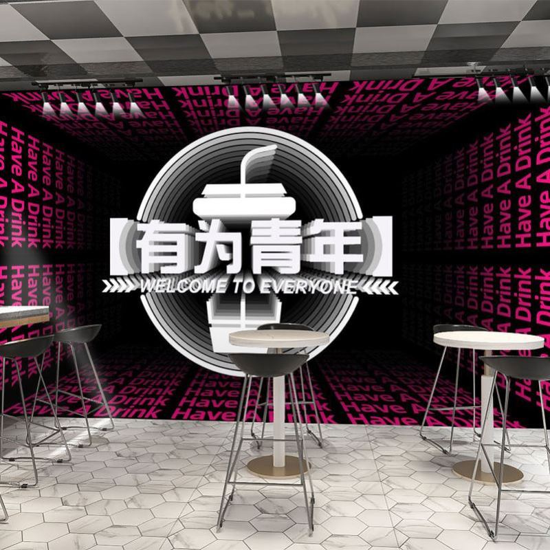 网红潮语文字壁纸3d立体仿霓虹灯酒吧墙布工业风奶茶店餐厅背景墙
