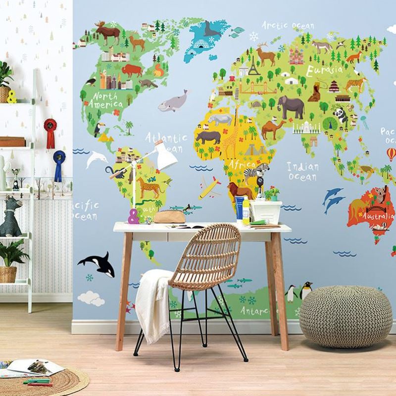 儿童房卡通动物地图孩子房间无缝墙布壁纸壁画个性定制
