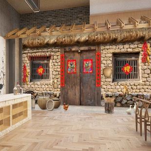 农家乐壁纸农村土墙泥巴农家院直播背景墙复古怀旧墙纸铁锅炖壁画