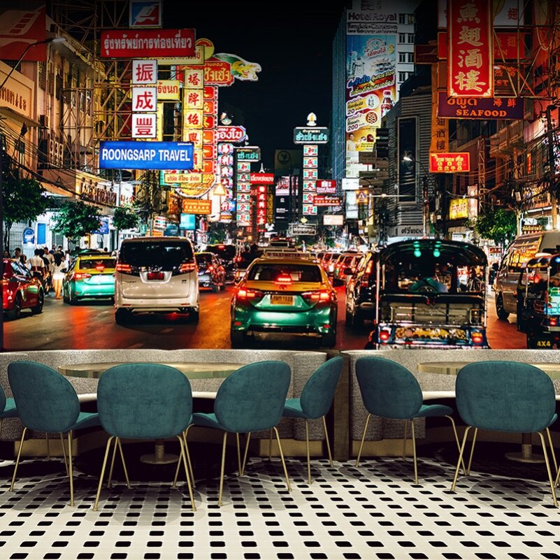 泰国唐人街壁纸曼谷建筑街景壁画东南亚华人餐厅装饰泰式装修墙纸