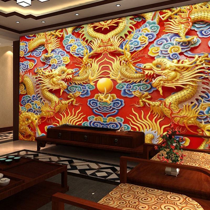金色中国龙壁纸龙纹图案浮雕背景布双龙戏珠祥云精雕中式酒楼墙纸