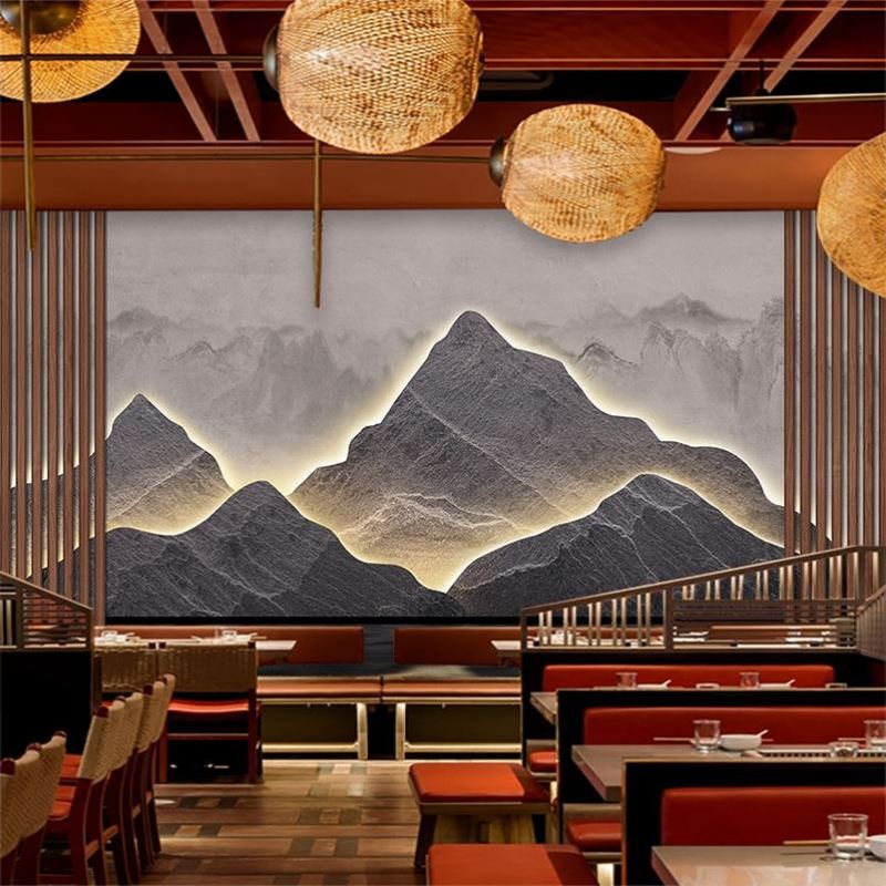 3d立体假山背景墙纸美容院中式风格装修壁纸酒店大厅前台山水壁画
