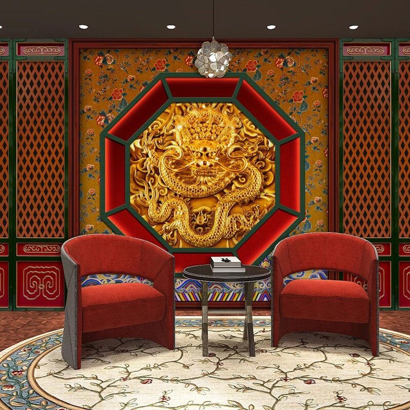 中式故宫红墙纸皇宫金銮殿龙椅背景仿古中国龙壁画龙图案藏式壁纸