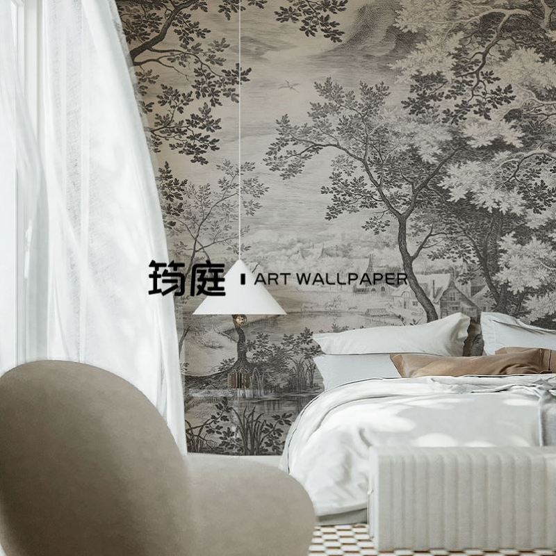 中古风欧式电视背景墙壁纸手绘黑白森林客厅卧室墙布复古南洋墙纸