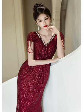 红色晚礼服女高级感轻奢小众宴会主持人性感鱼尾裙敬酒服新娘亮片