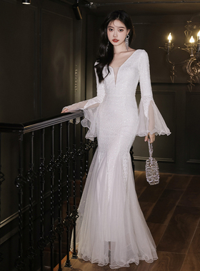 白色晚礼服女2025新款高级感名媛宴会鱼尾裙轻奢小众高端长袖冬季