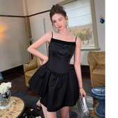 黑色小晚礼服裙高端轻奢小众生日party洋装 吊带小个子缎面高级感