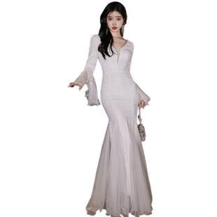 白色晚礼服女2025新款高级感名媛宴会鱼尾裙轻奢小众高端长袖冬季