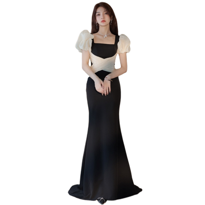 短袖晚礼服绎冉鱼尾黑色泡泡袖