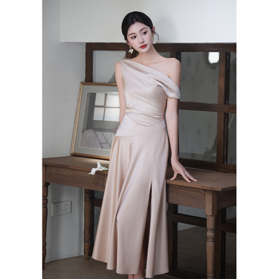 杏粉色晚礼服高端轻奢日常可穿