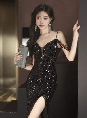 吊带宴会晚礼服女2026新款高级感年会黑色流苏鱼尾连衣裙气质高端