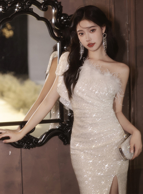 白色年会晚礼服女2026新款高级感主持人单肩鱼尾长裙轻奢小众高端