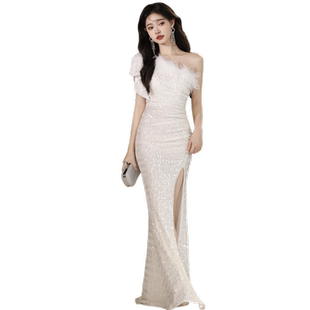 白色年会晚礼服女2025新款高级感主持人单肩鱼尾长裙轻奢小众高端