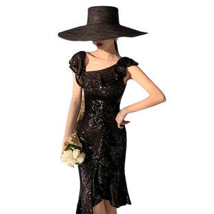 黑色小个子晚礼服短款连衣裙轻奢小众高端宴会亮片夏季单肩演出服