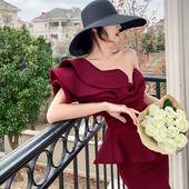 酒红色晚礼服裙女年会主持人宴会气质重工高级质感轻奢小众高端秋