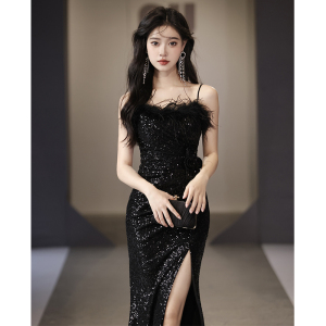黑色晚礼服女2023新款高级感名媛年会亮片鱼尾裙轻奢小众高端冬季