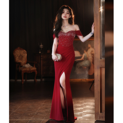 绎冉时尚鱼尾一字肩晚礼服