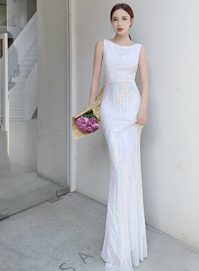 鱼尾晚礼服裙女2026新款宴会气质白色高级感主持人轻奢小众高端夏