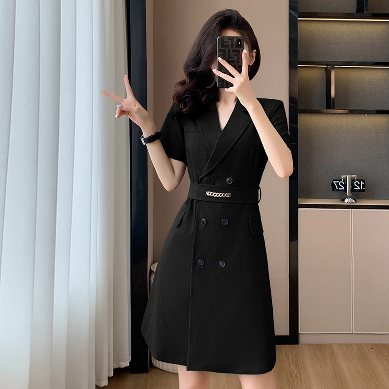 黑色短袖连衣裙2024夏季新款大码女装4S店销售职业装工作服长裙子