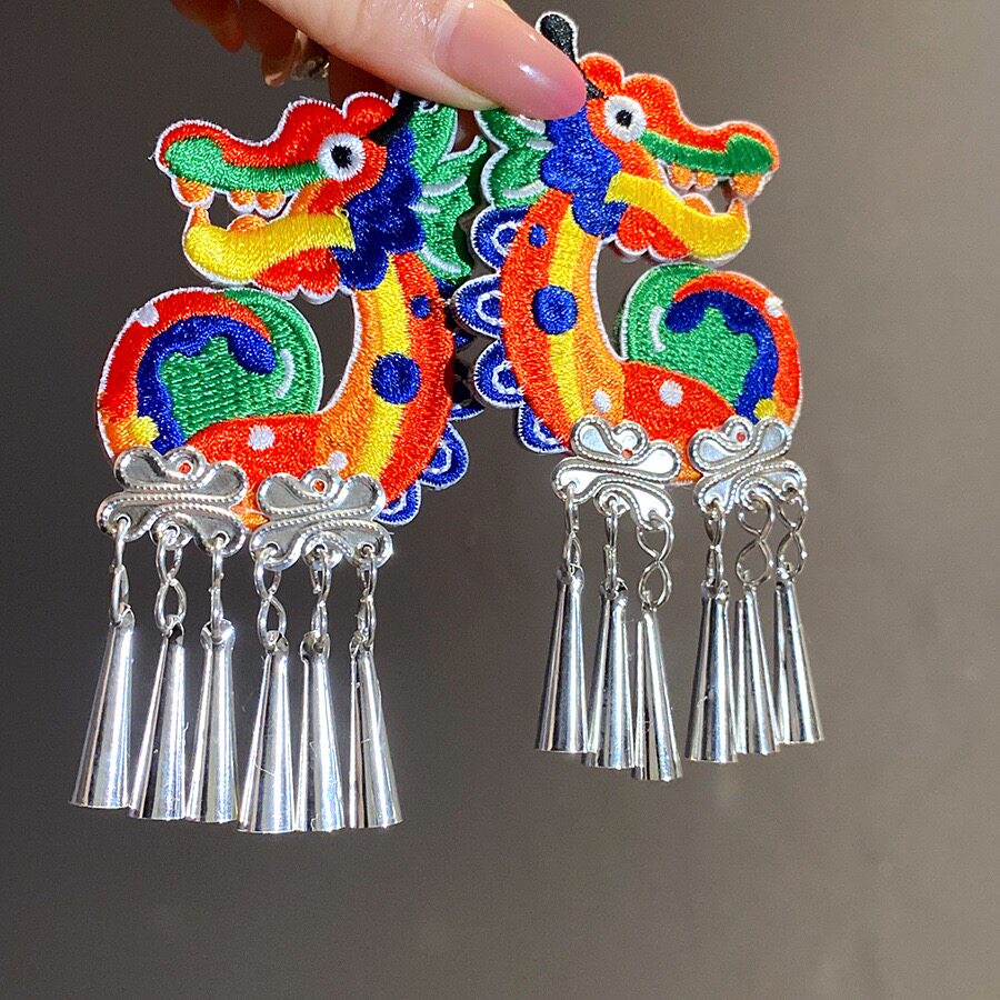 新中式复古刺绣龙凤流苏耳夹耳饰新娘结婚耳坠中国风旗袍饰品大气