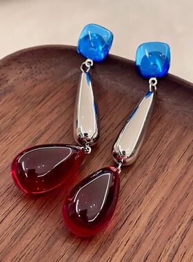 蓝红色拼接撞色长款耳钉水滴气质耳环小众高级感显白耳饰女11