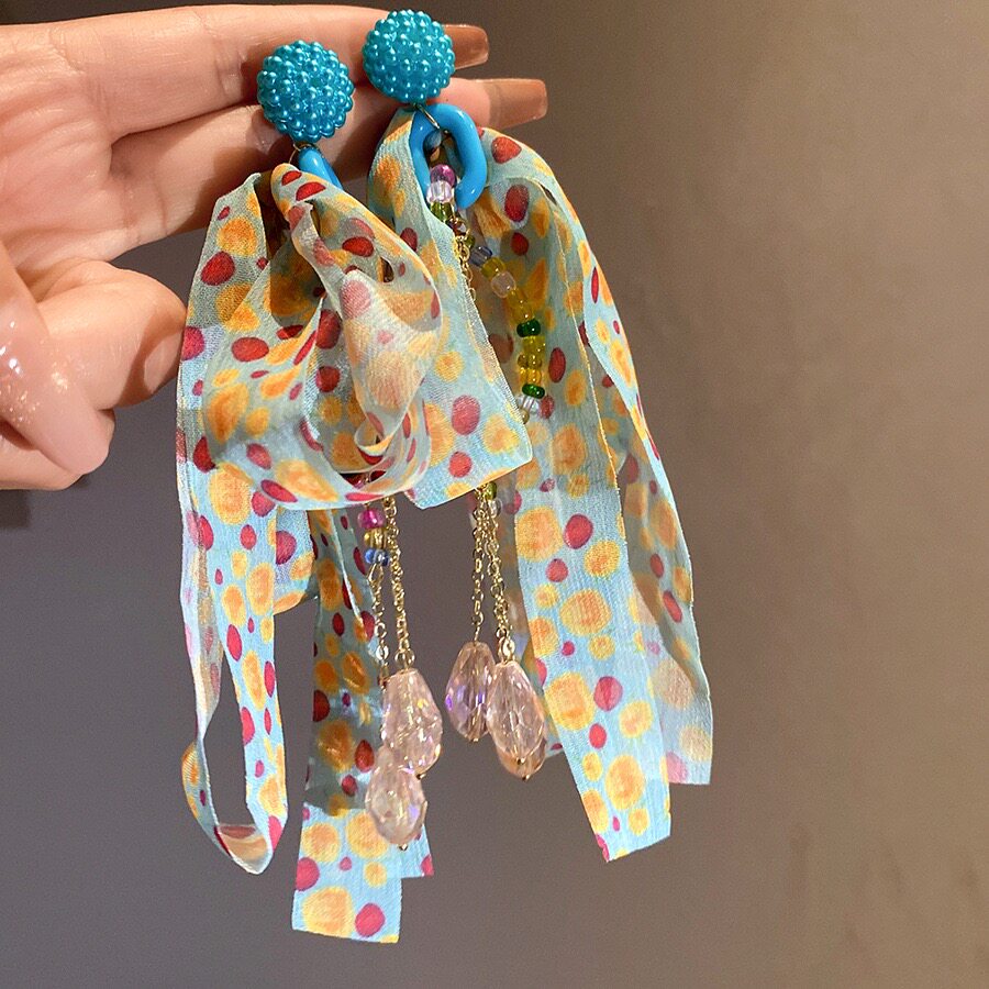 多巴胺贝壳串珠蝴蝶结耳坠女海边度假夸张耳环彩色布艺流苏耳饰品