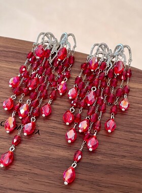 超重工红色烟花水晶长款流苏耳钉夸张宫廷风耳环轻奢耳饰女18