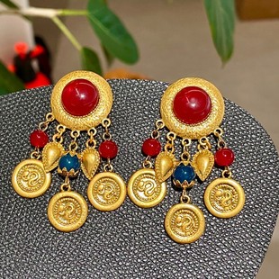 复古宫廷风彩色水晶流苏耳环古币爱心吊坠耳钉女耳饰85
