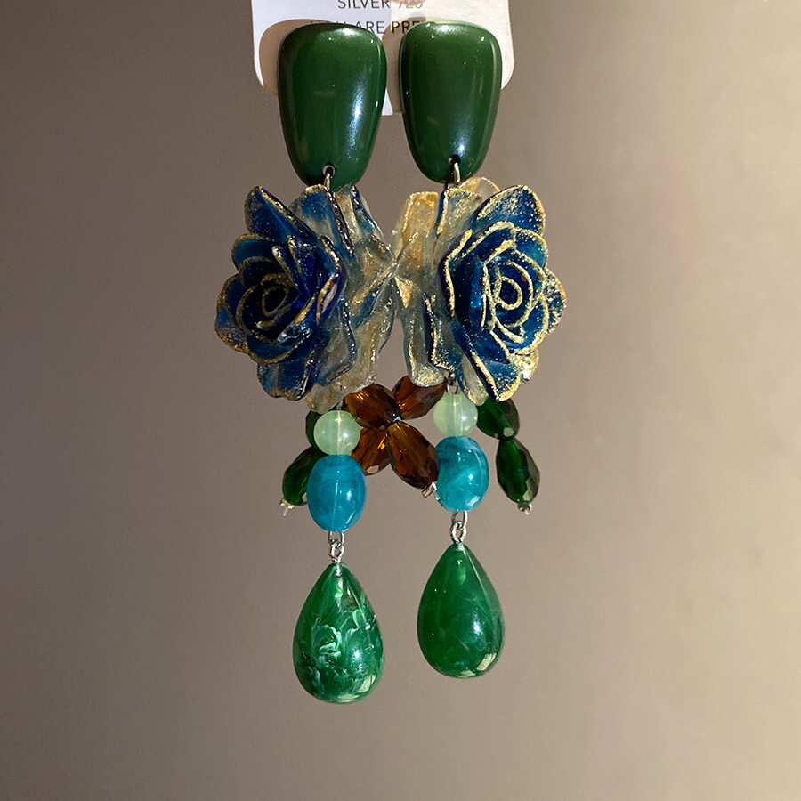 vintage中古琉璃绿色水滴流苏耳钉渐变色花朵耳环女复古串珠耳饰1