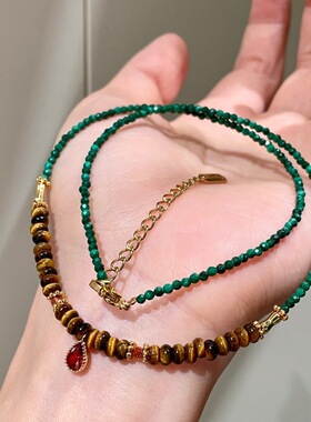 红色水滴颈链孔雀石项链美拉德色虎眼石项链天然石水晶项链女1036