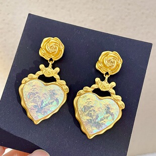 中古vintage金色玫瑰花耳环复古古董风流光彩色爱心宫廷风耳钉女6