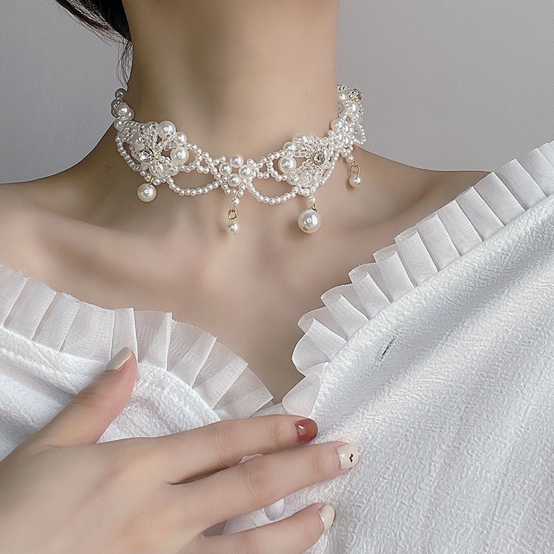 复古巴洛克宫廷风项链新娘珍珠镶钻流苏多层短款颈锁骨链超仙花朵