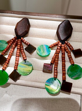 木质手工耳钉复古木头串珠咖绿色贝壳流苏夸张耳环民族风耳饰16