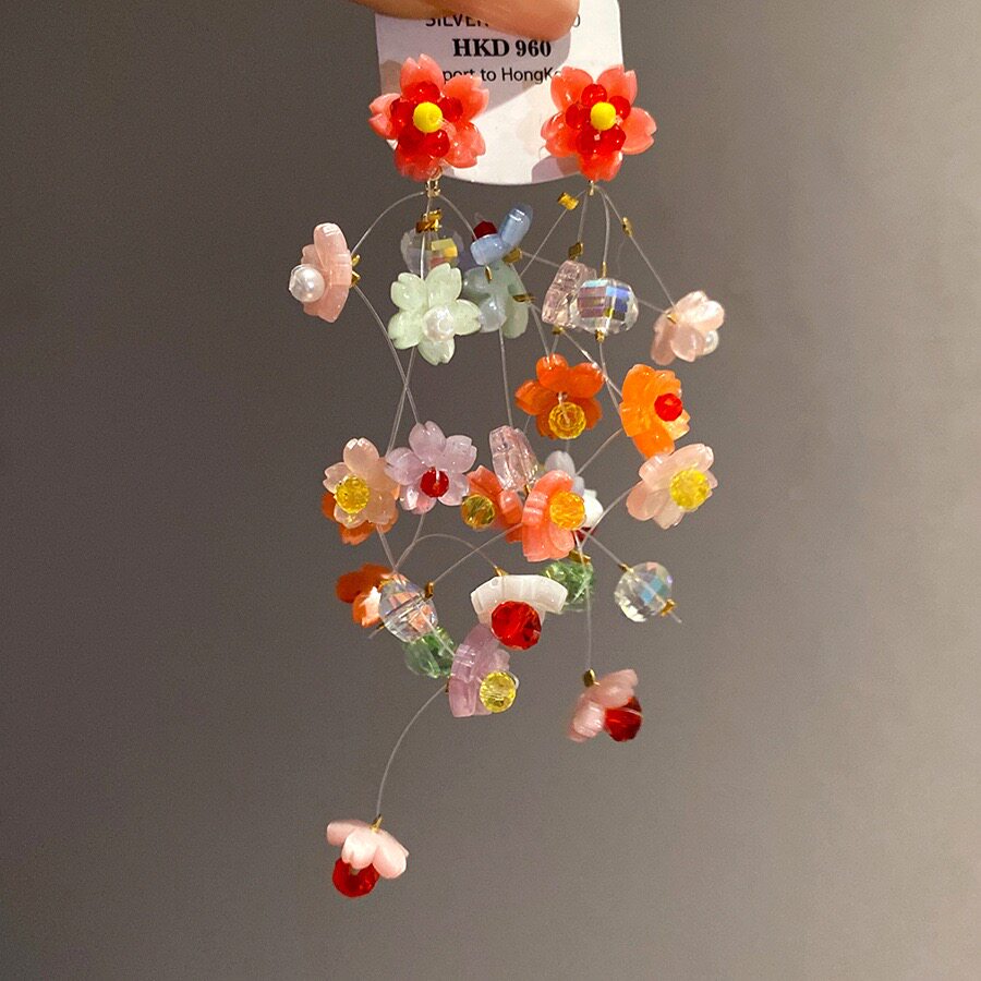 超仙多巴胺彩色花朵流苏耳钉女夸张独特漂亮耳坠巨好看的耳饰48