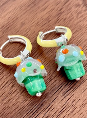 爱心波点绿色蘑菇耳扣女轻奢小众设计感耳圈多巴胺彩色甜美耳饰25