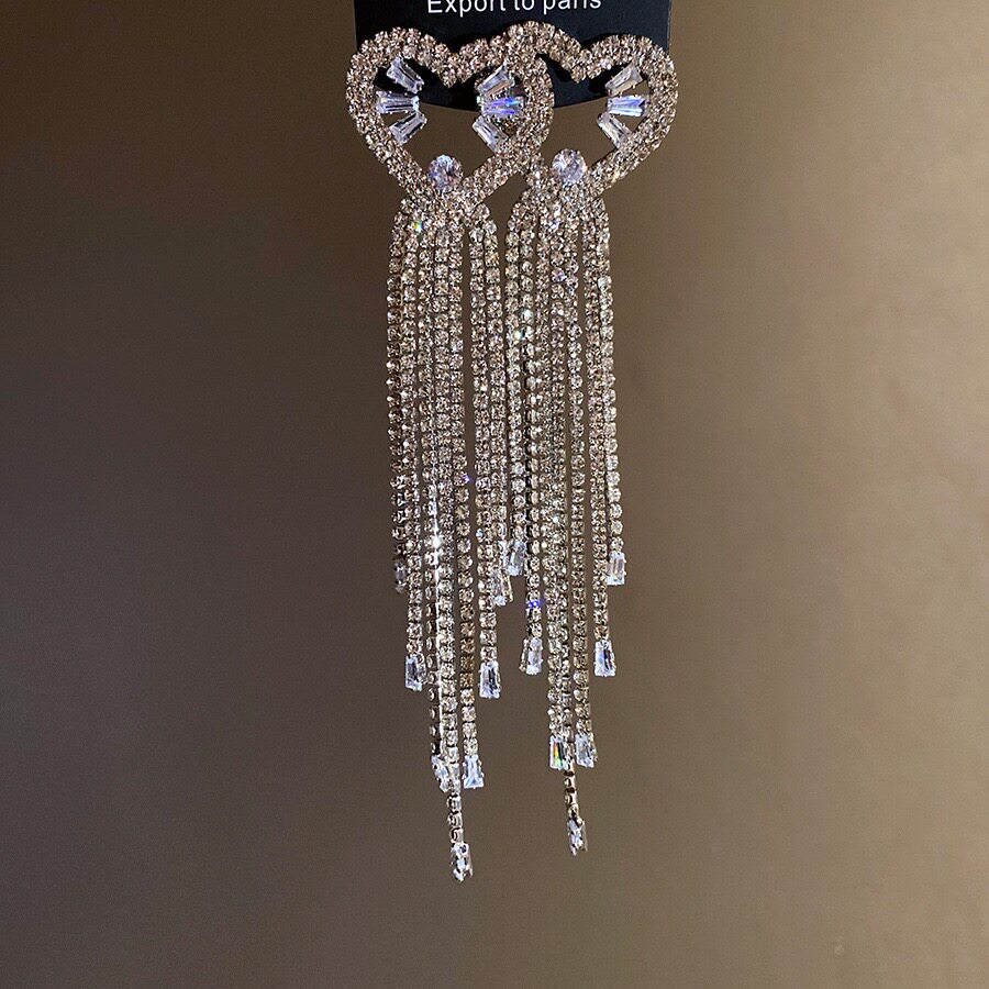 欧美时尚长款流苏爱心耳环女 气质奢华水钻闪亮镶钻耳钉耳饰