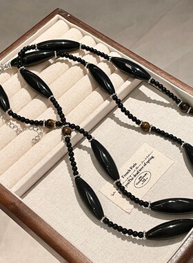设计缠绕双层叠戴简约黑色水晶石长条玛瑙串珠项链马眼毛衣链75