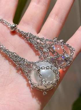 网兜水晶项链长款捕梦网天然白水晶吊坠圆球碎钻锁骨链高级感91