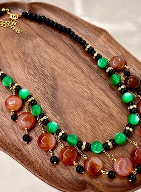 中古波西米亚民族风水晶串珠颈链绿色猫眼石项链女锁骨链03