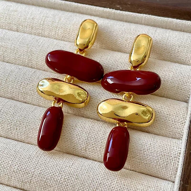 欧美夸张复古金色珐琅滴釉酒红色拼接金属耳环高级感耳钉03