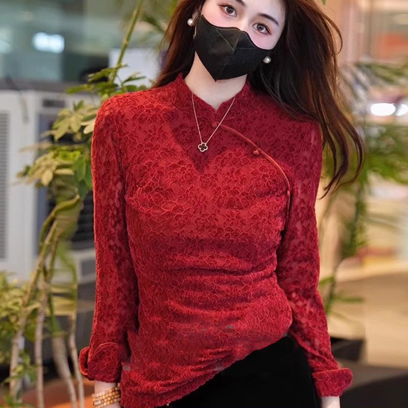中式立领蕾丝衬衫女春秋款国风复古内搭打底小衫气质修身红色上衣