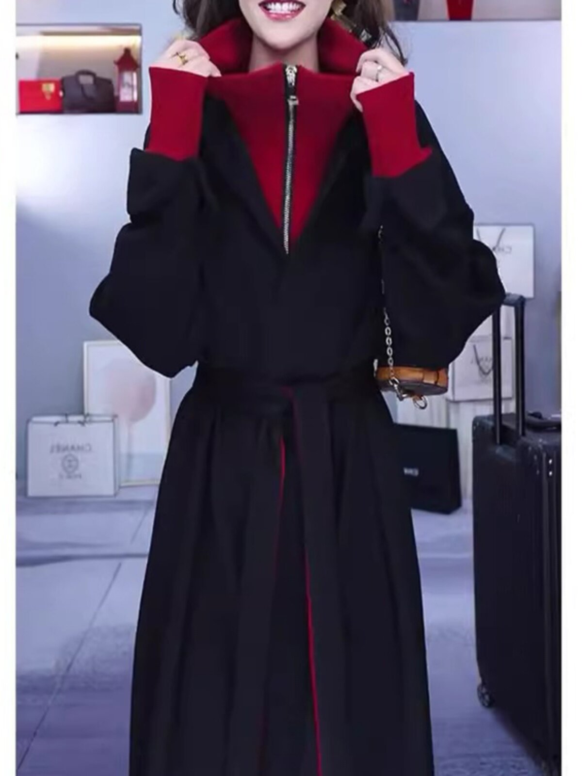 加码假两件套女装春秋季新欧洲时尚多腰修身Look对比色中长裙