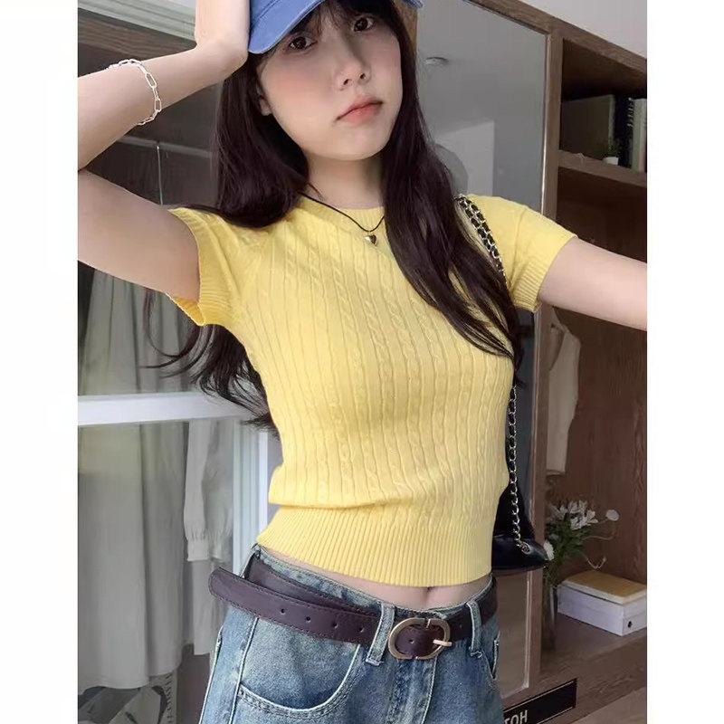 麻花奶黄色短袖针织衫女夏秋新款欧货高腰紧身时尚显瘦T恤短上衣图片