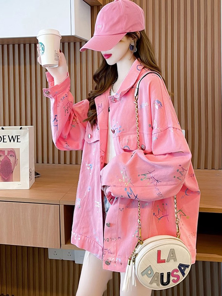 粉色牛仔女夹克春秋季新欧洲时尚品牌流行衬衫上衣外穿印花开衫夹,女装/女士精品,短外套,淘宝优惠券,粉丝福利购,淘宝优惠卷