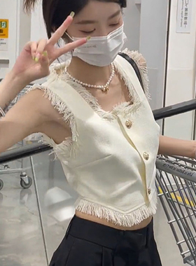 法式小香风流苏马甲背心女春秋外穿甜酷夏粗花呢方领短款无袖上衣
