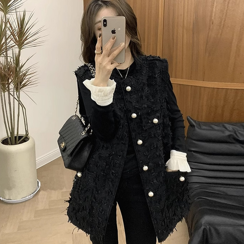 小香风中长款流苏马甲女春秋新款宽松显瘦无袖背心外搭马夹上衣潮