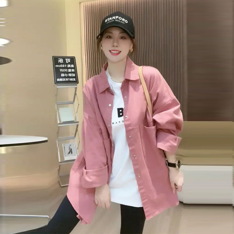 好货粉色牛仔衬衣外套女2026春秋季新款韩版宽松上衣女中长款复古