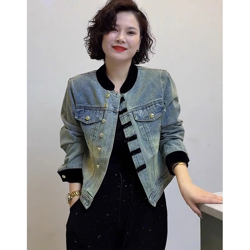欧货时尚牛仔拼接丝绒长袖V领外套女春秋款宽松别致短款夹克上衣