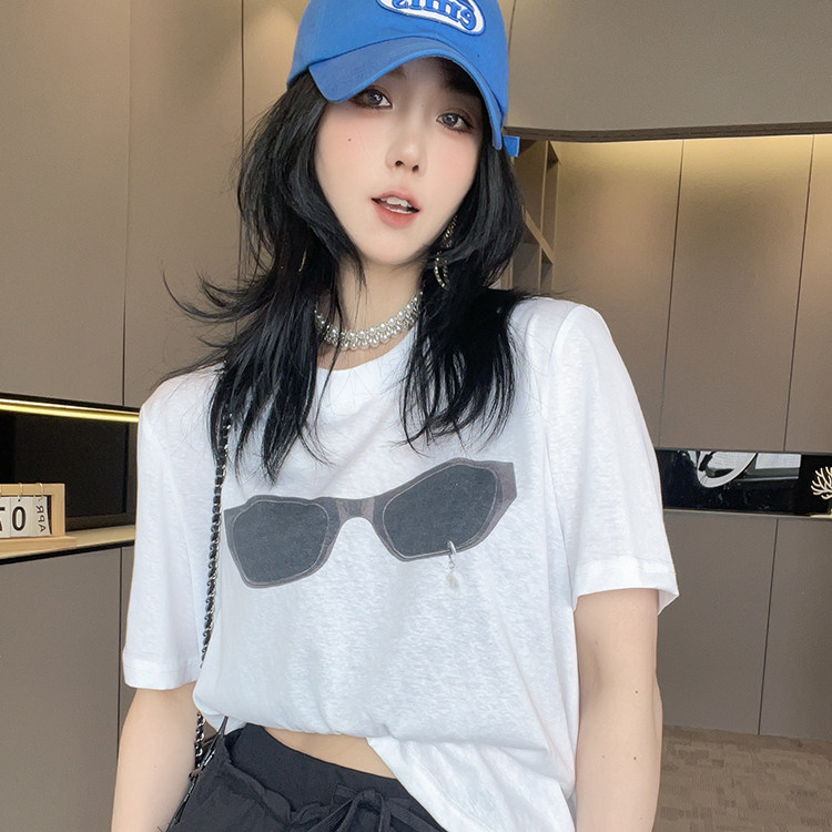 短袖T恤女2026夏季新款设计感撞色拼接眼镜印花圆领套头半袖上衣